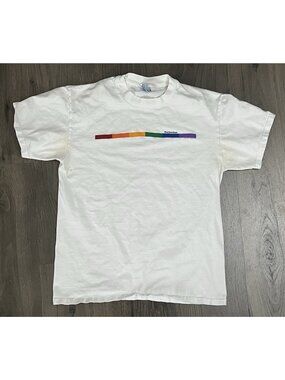 VTG Dont Panic Designs 1997 Hanes Beefy T White M SS Tshirt Rainbow Graphic